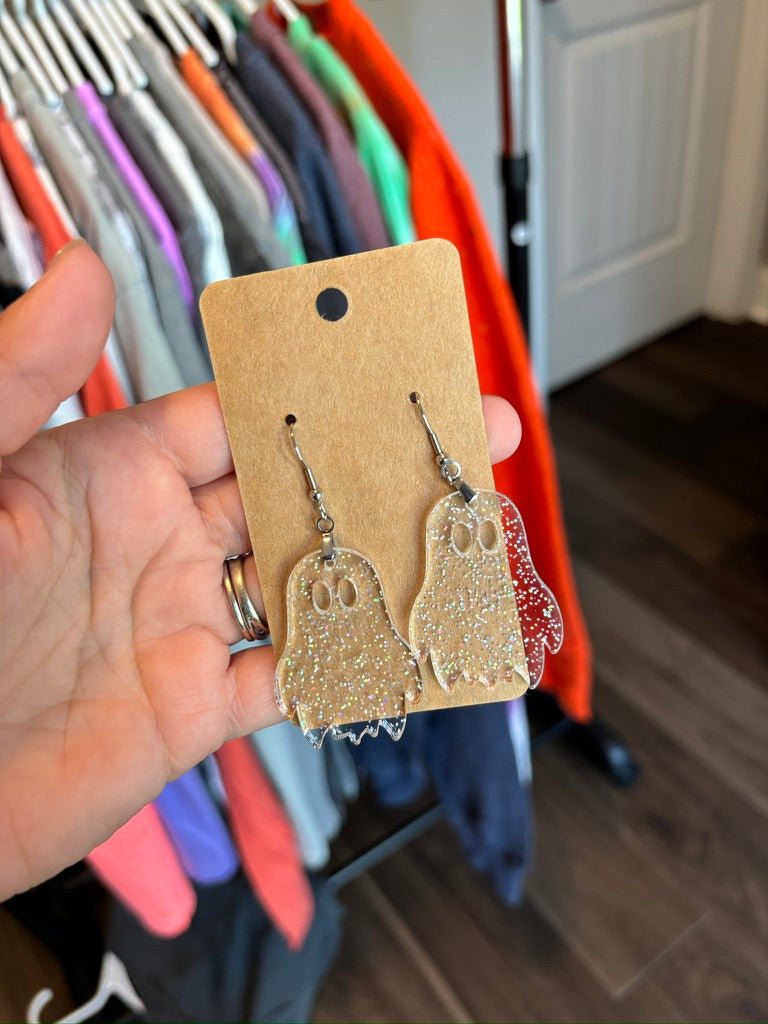 Acrylic Glitter Ghost Dangle Earrings (RTS)
