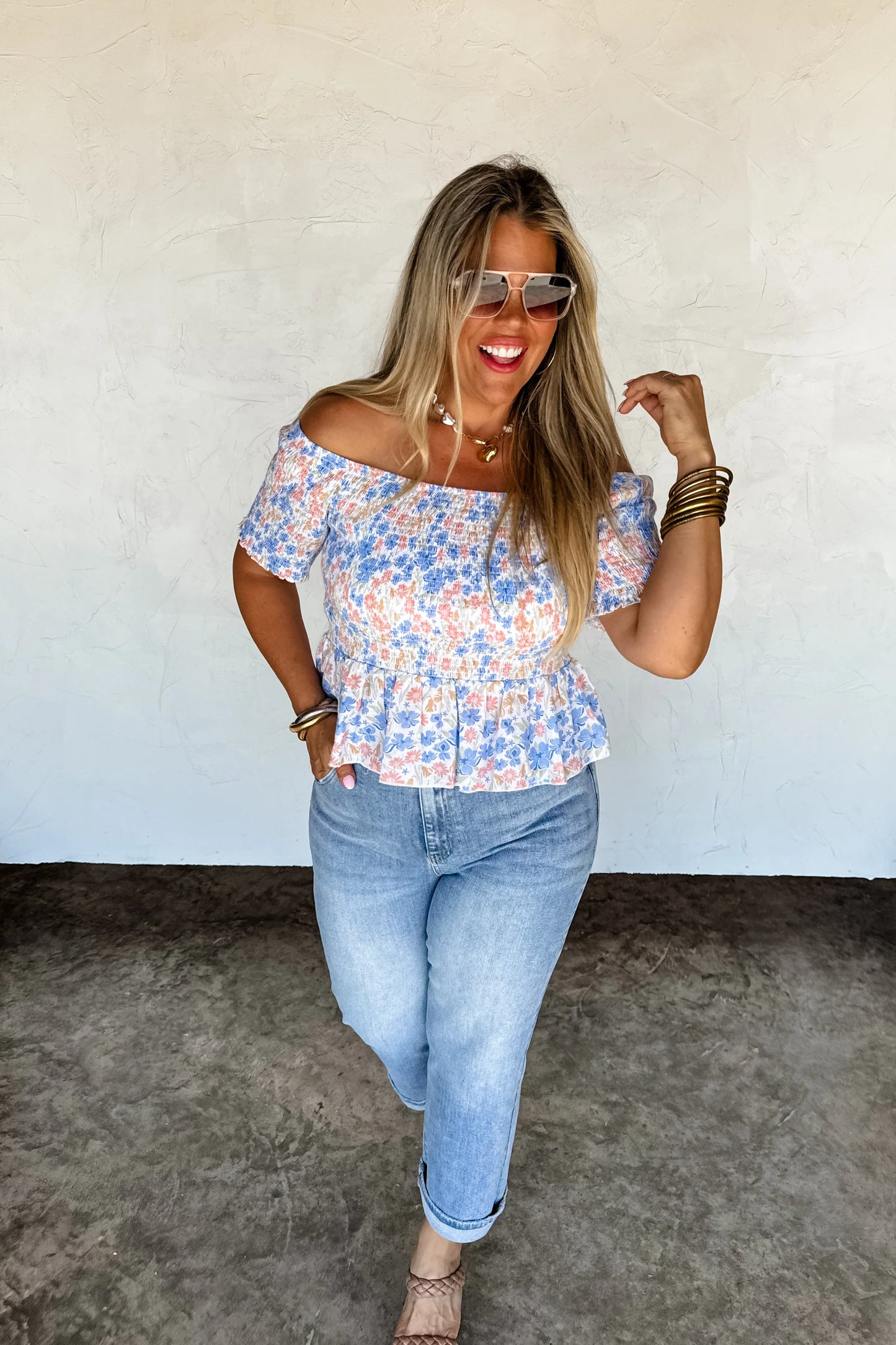 PEACH ESSIE FLORAL SMOCKED TOP