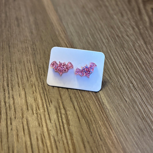 Pink Glitter Acrylic Bat Earrings (RTS)