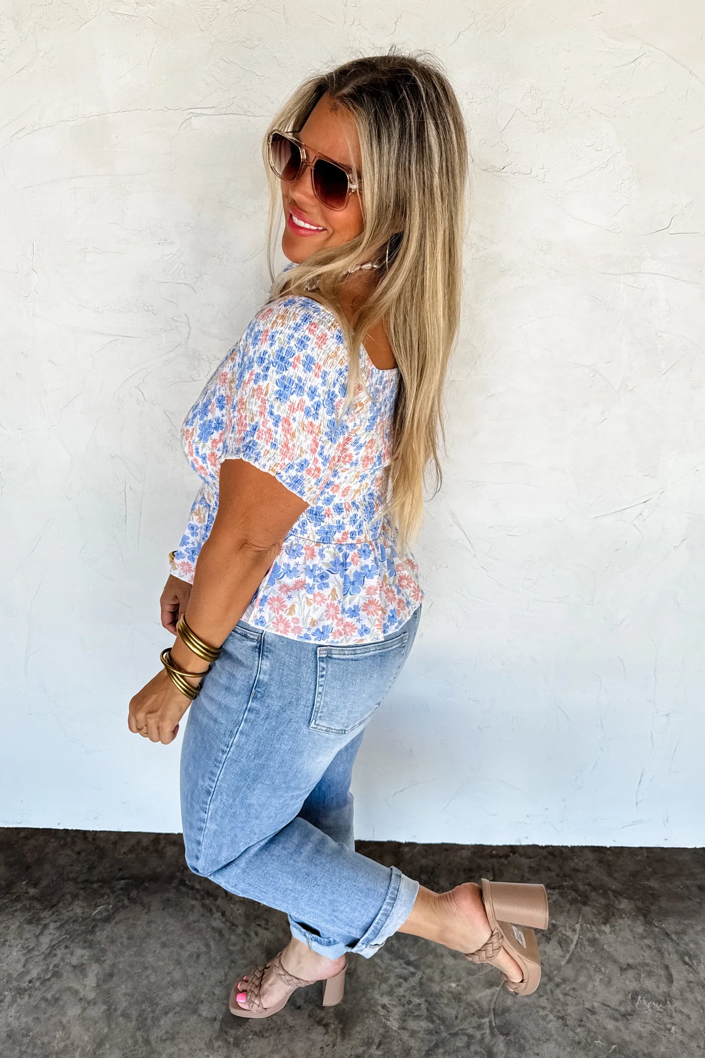 PEACH ESSIE FLORAL SMOCKED TOP