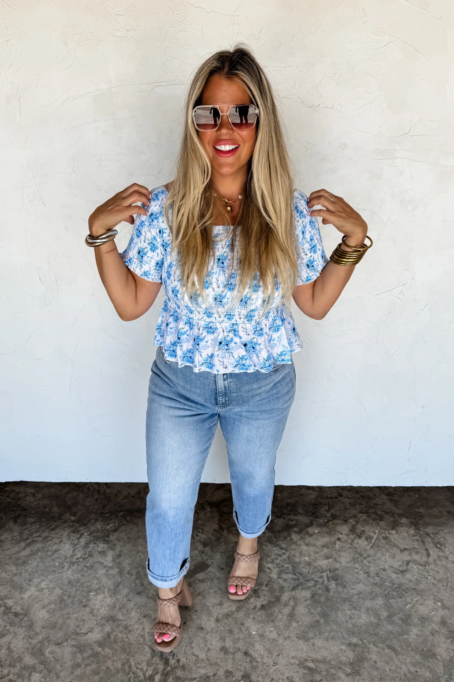 BLUE ESSIE FLORAL SMOCKED TOP